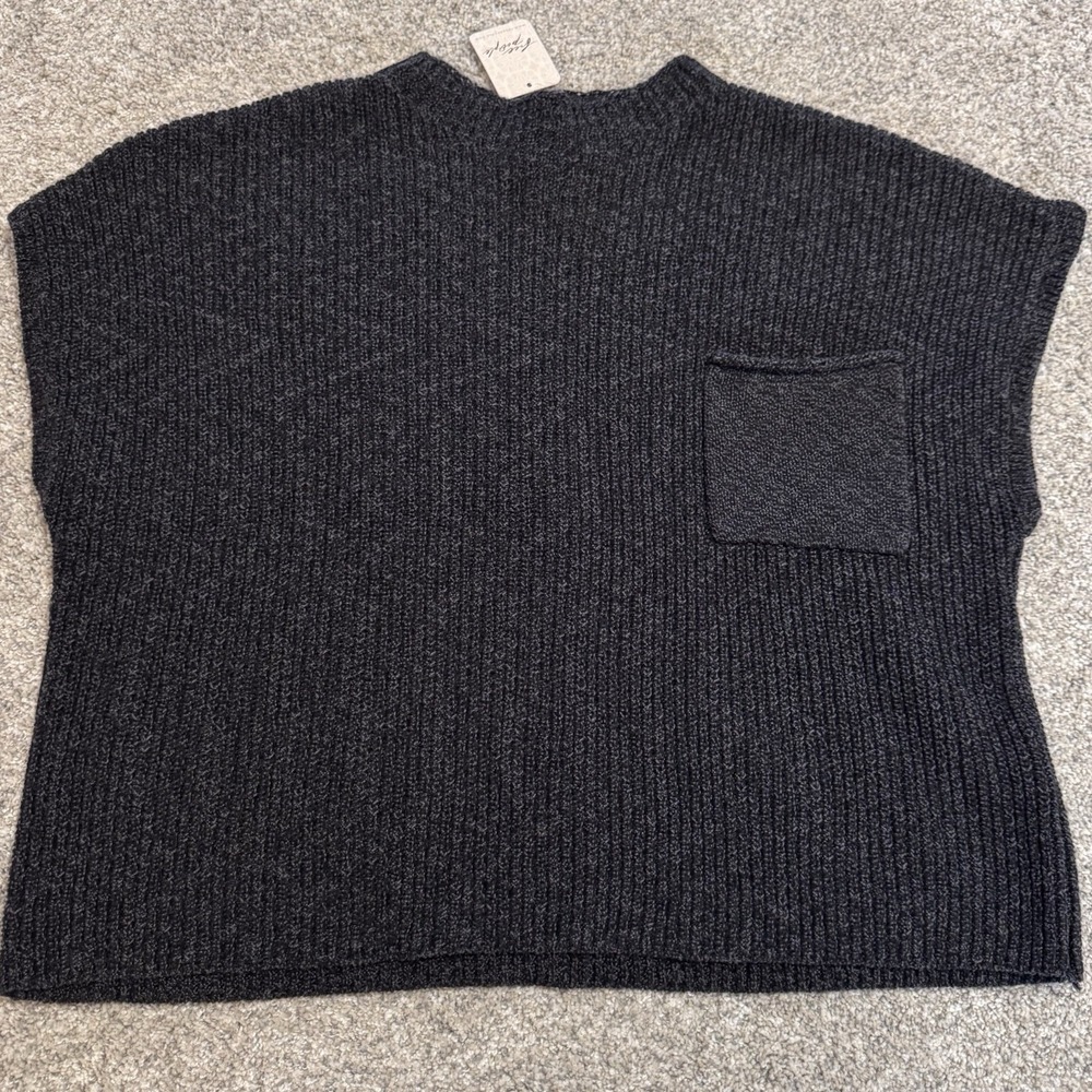 NEW Free People Freya Sweater Cropped Black Charcoal Knit‎ Pocket Size XL $128